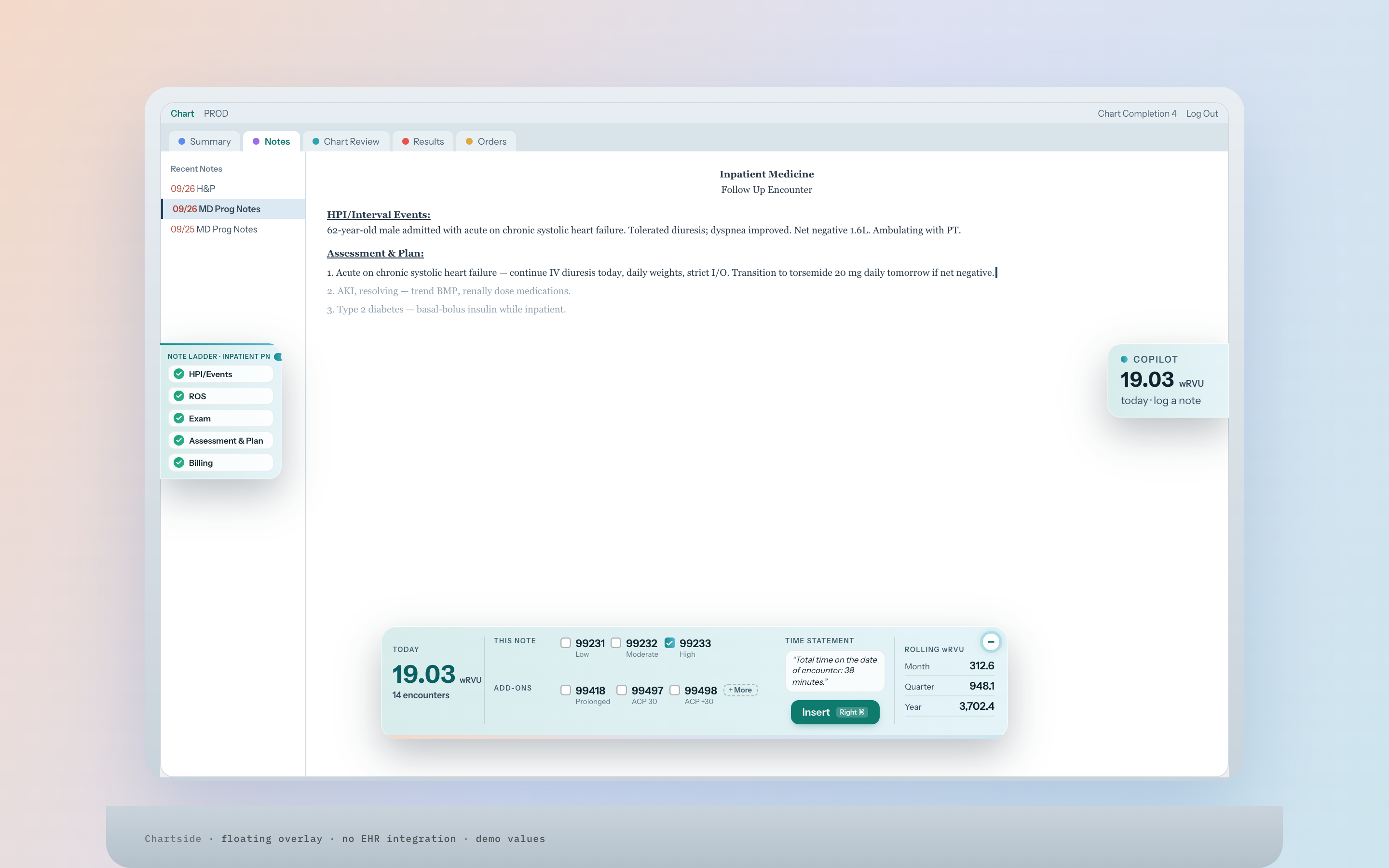 Chartside on a MacBook: the Tracking window over a chart note — today’s wRVU and encounters, this note’s CPT code and add-ons, the time statement with Insert, and rolling month, quarter and year totals.
